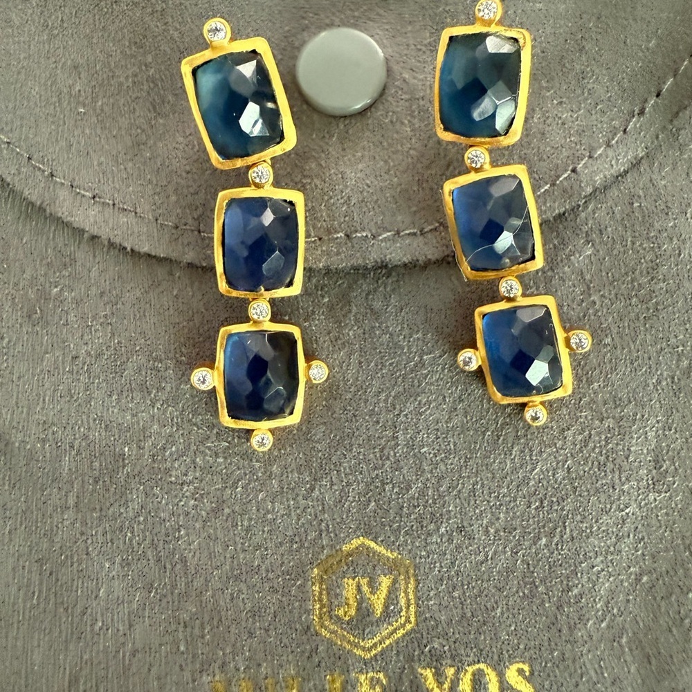Julie Vos NWOT gold drop earrings with sapphire colored cut stones - Picture 2 of 6